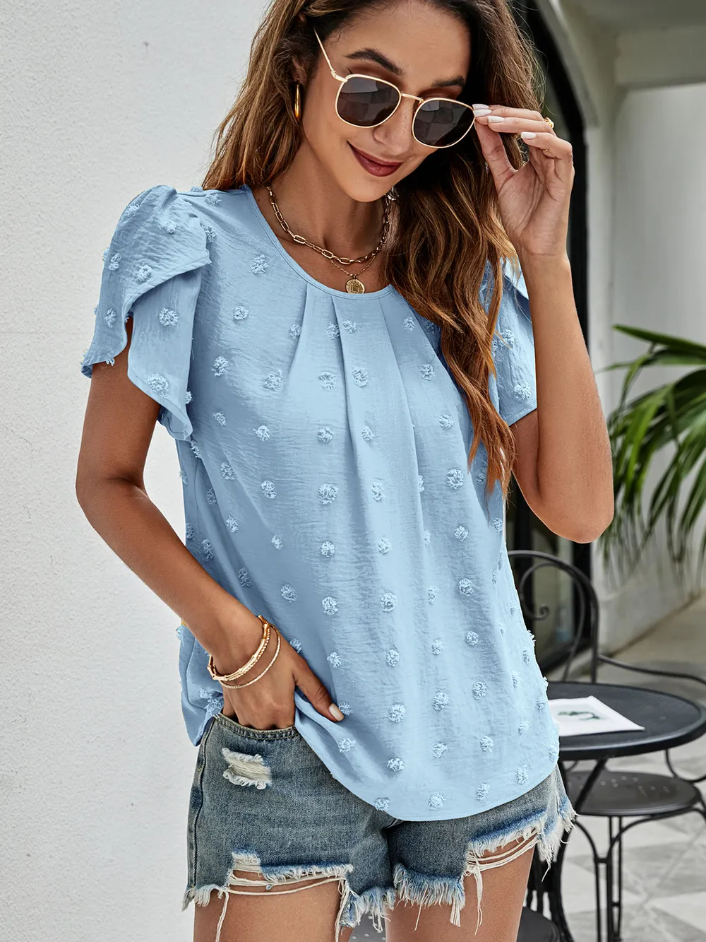 Swiss Dot Round Neck Petal Sleeve Top, image 9