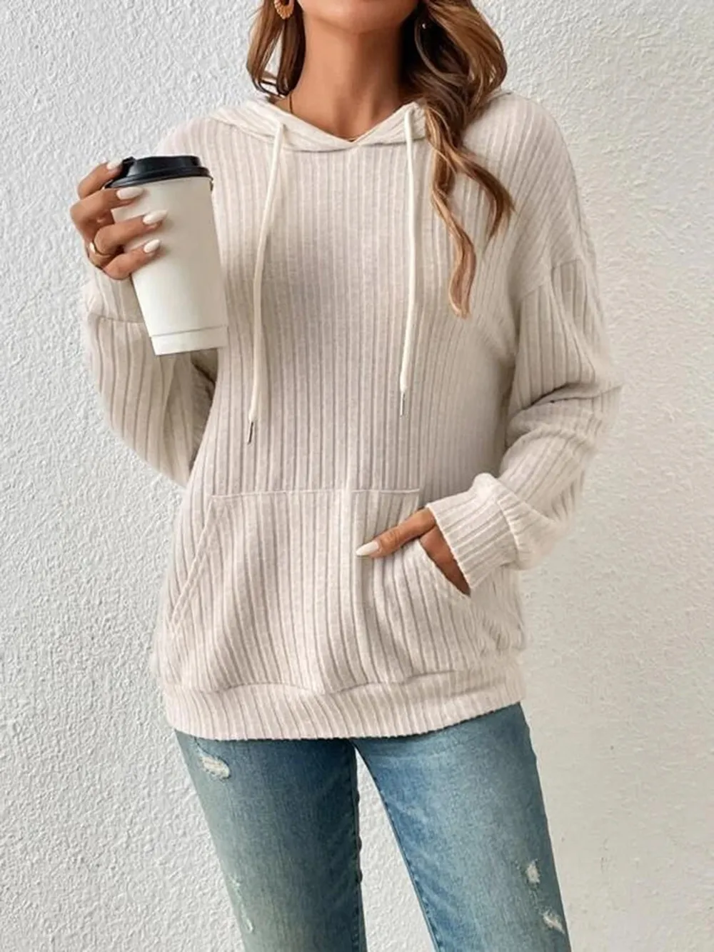 Ribbed Dropped Shoulder Drawstring Hoodie, image 10