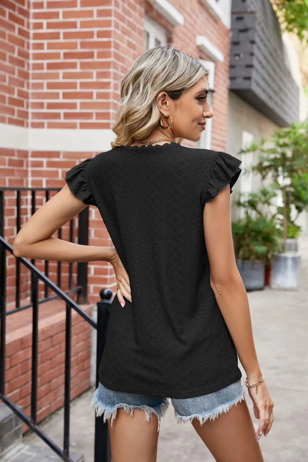 Eyelet Flutter Sleeve Scalloped V-Neck Top, image 23