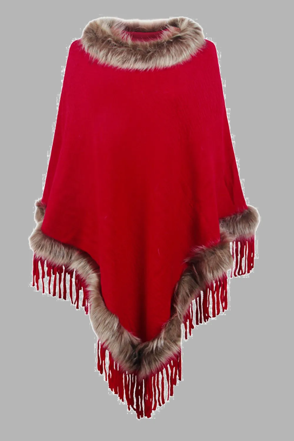 Faux Fur Trim Fringed Poncho, image 11