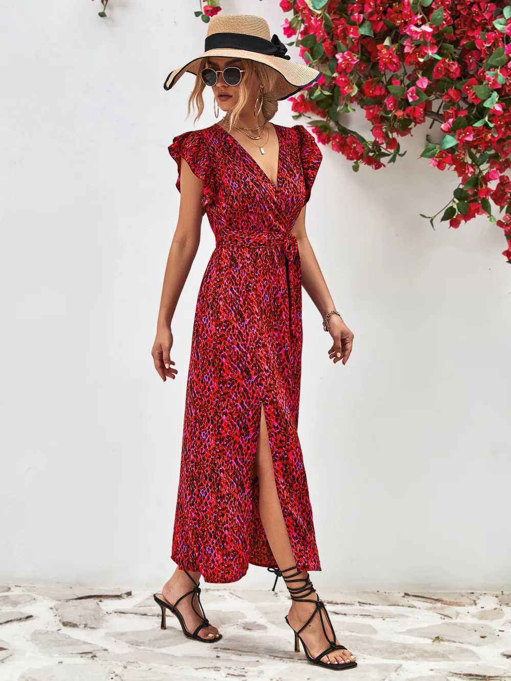 Printed Surplice Neck Flutter Sleeve Slit Dress, image 15