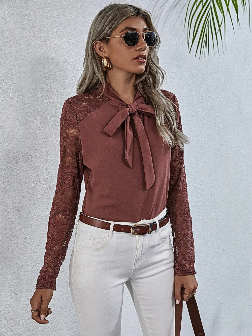 Tie Neck Spliced Lace Long Sleeve Top, image 9