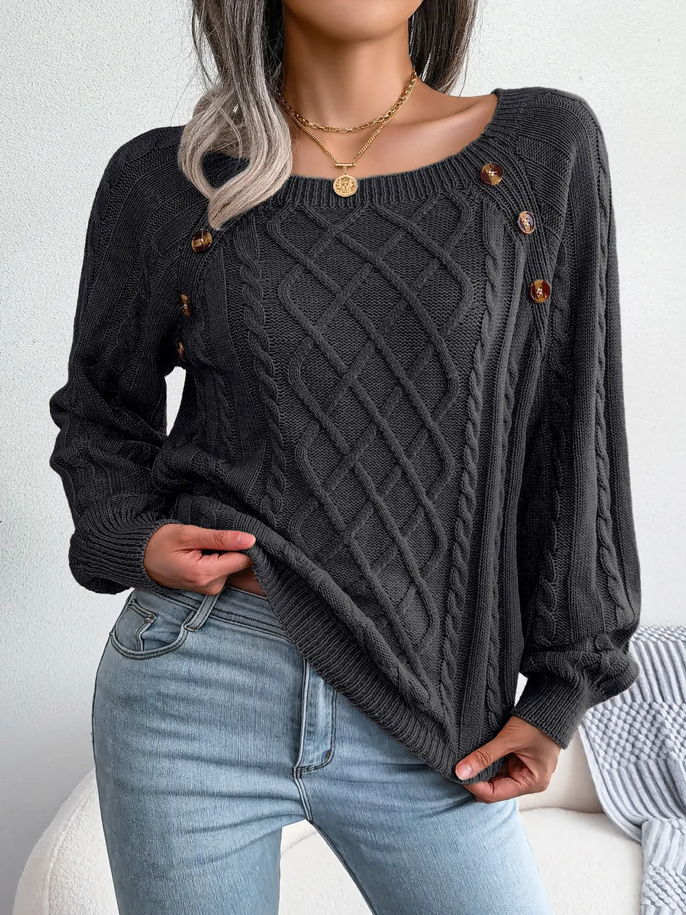 Decorative Button Cable-Knit Sweater, image 11