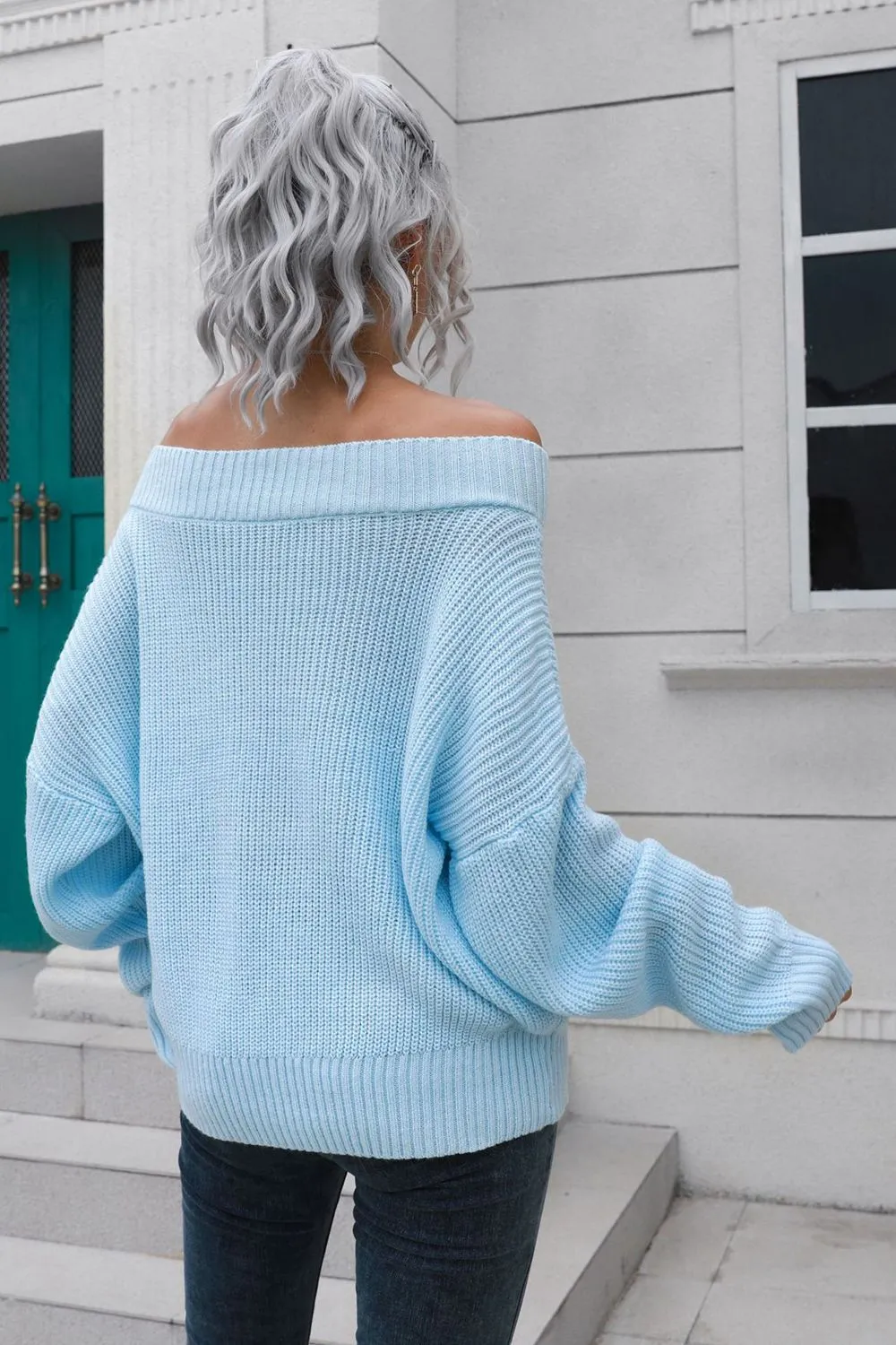 Off-Shoulder Ribbed Long Sleeve Pullover Sweater, image 3