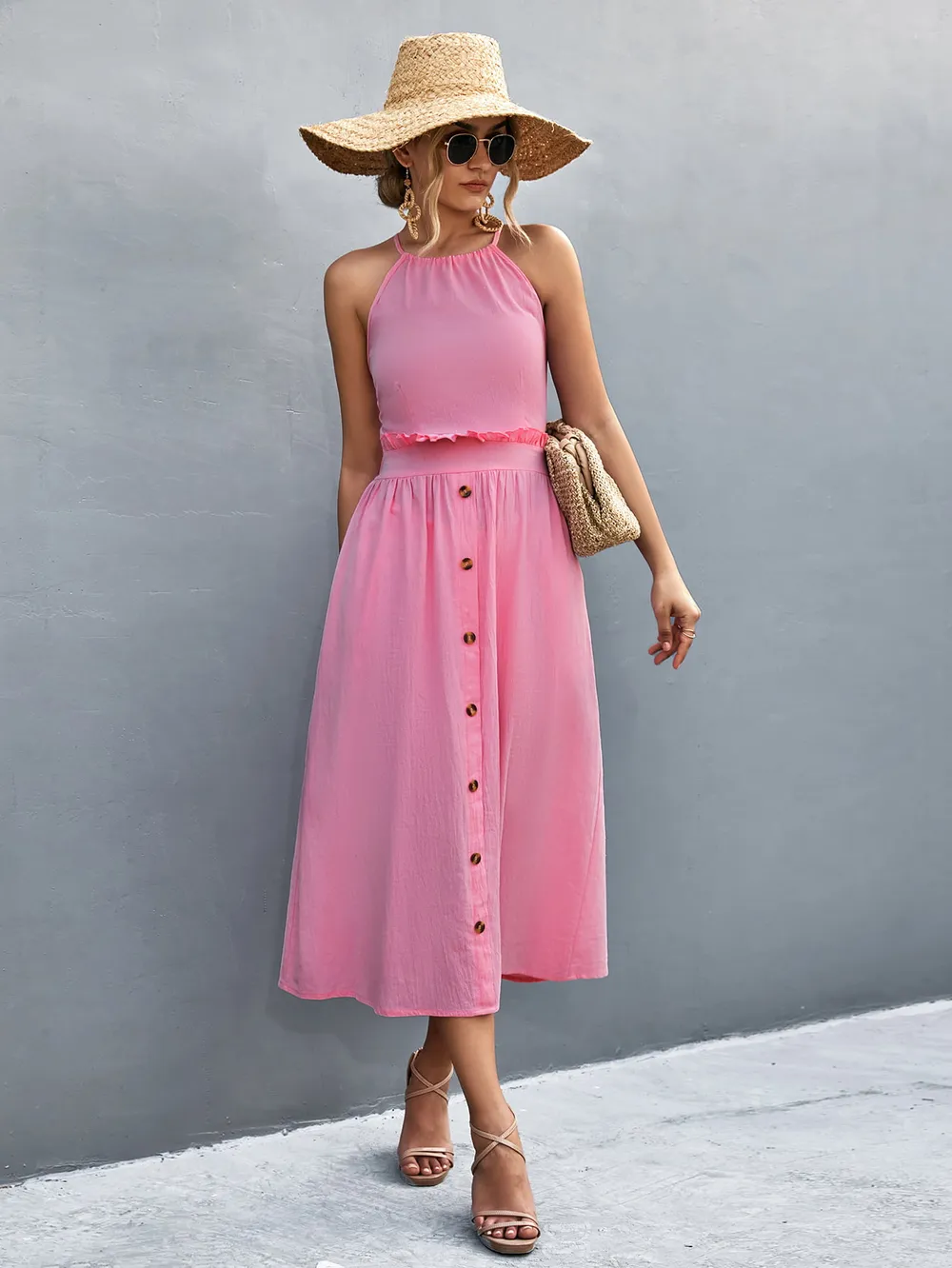 Buttoned Halter Neck Frill Trim Midi Dress, image 11