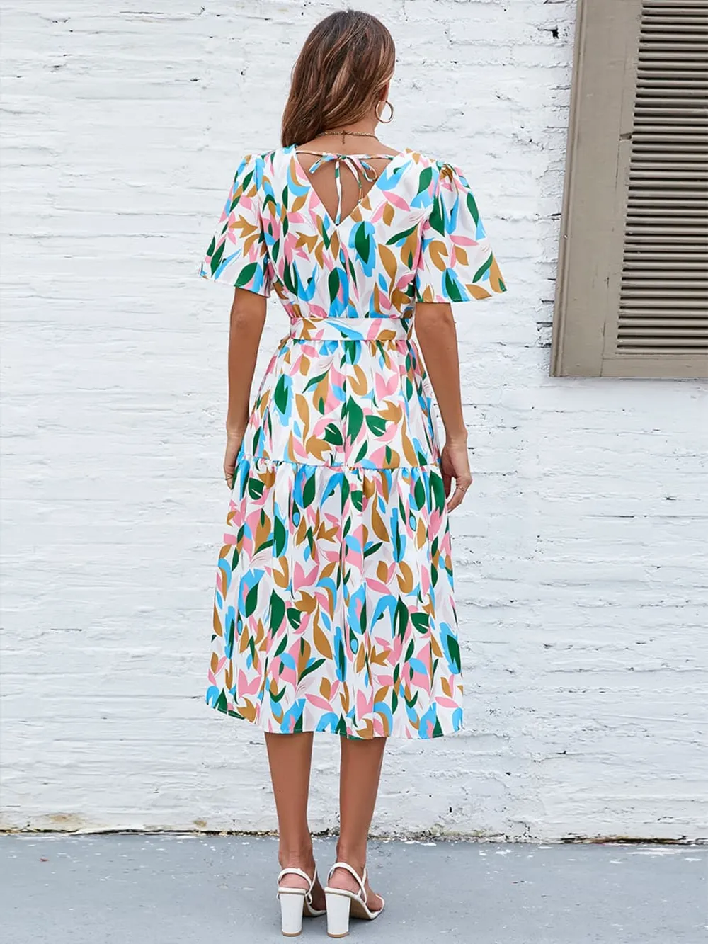 Printed Tie-Waist V-Neck Flutter Sleeve Dress, image 3