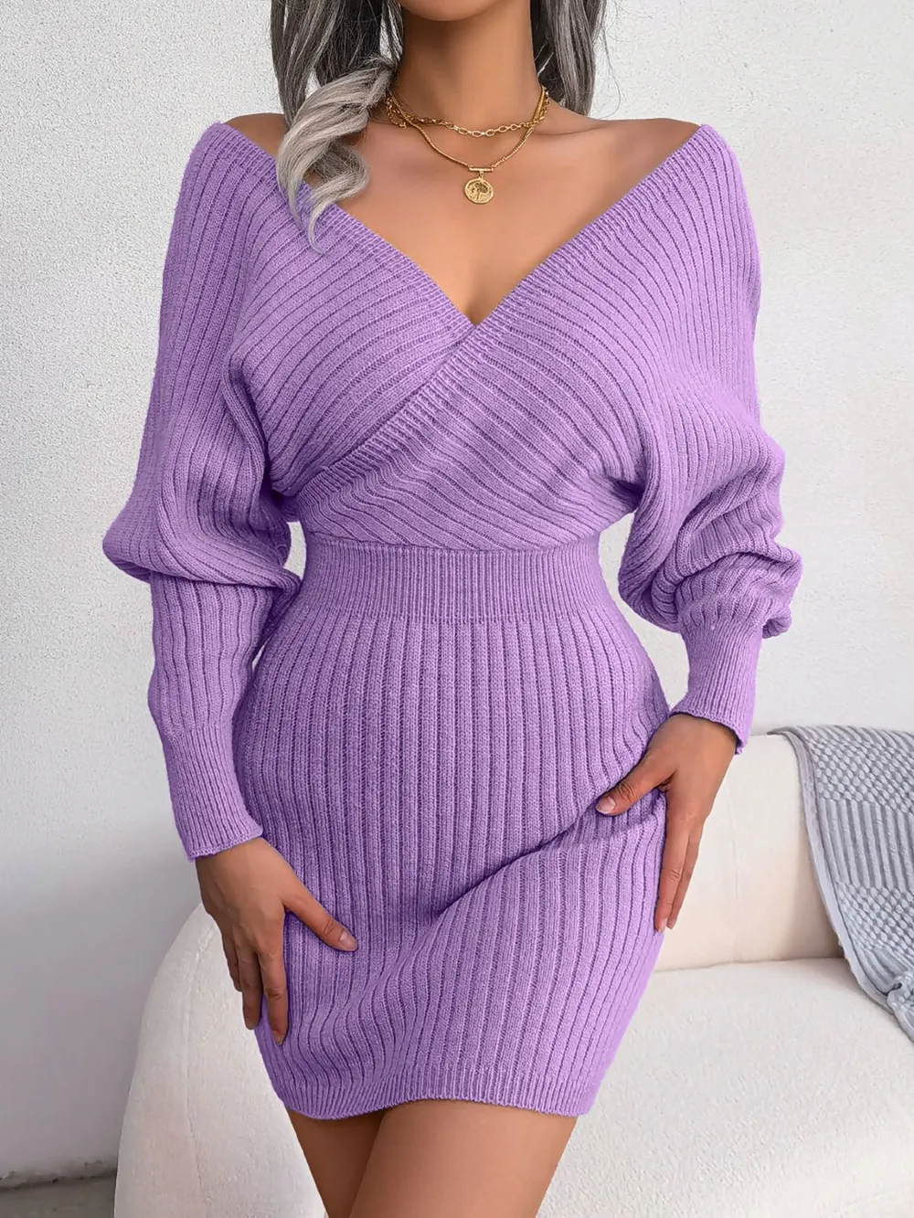 Rib-Knit Dolman Sleeve Sweater Dress, image 8