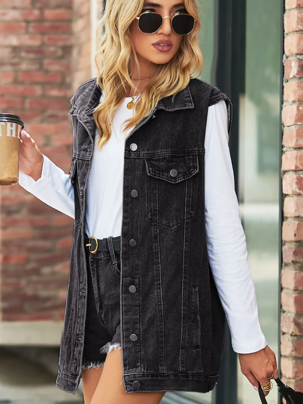 Collared Neck Sleeveless Denim Top with Pockets, image 7