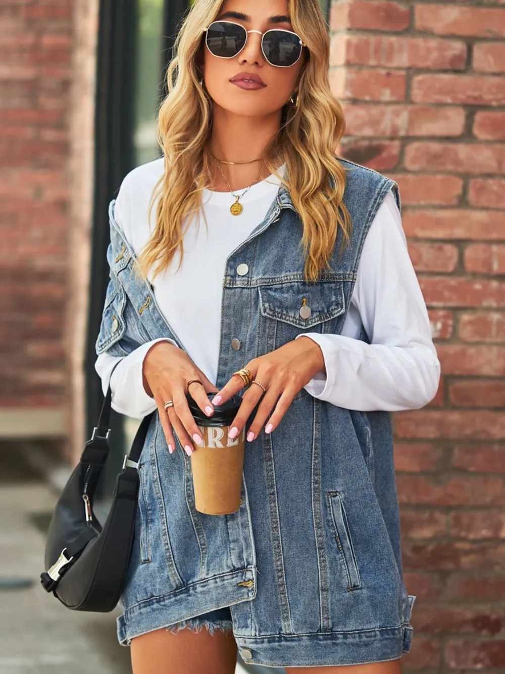 Collared Neck Sleeveless Denim Top with Pockets, image 8