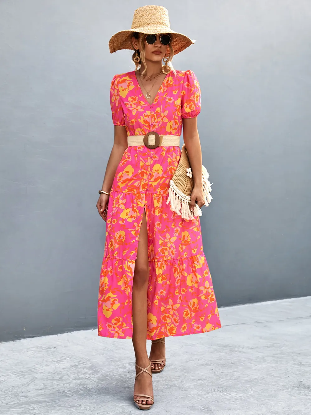 V-Neck Short Sleeve High Slit Midi Dress, image 11