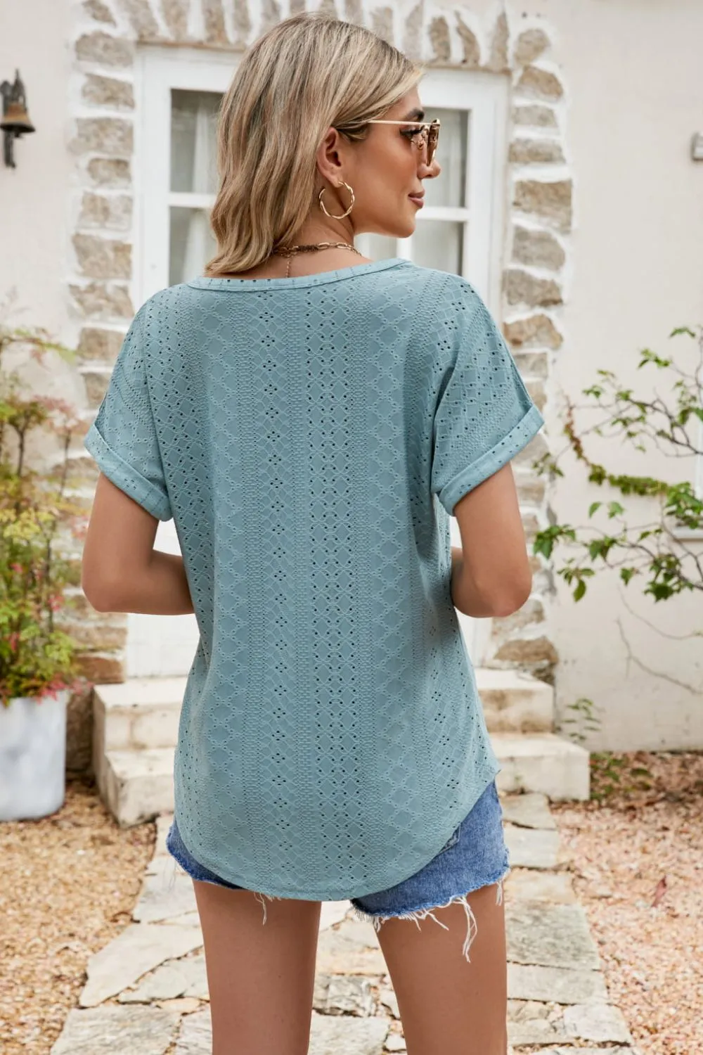 Full Size Round Neck Eyelet Short Sleeve Top, image 6