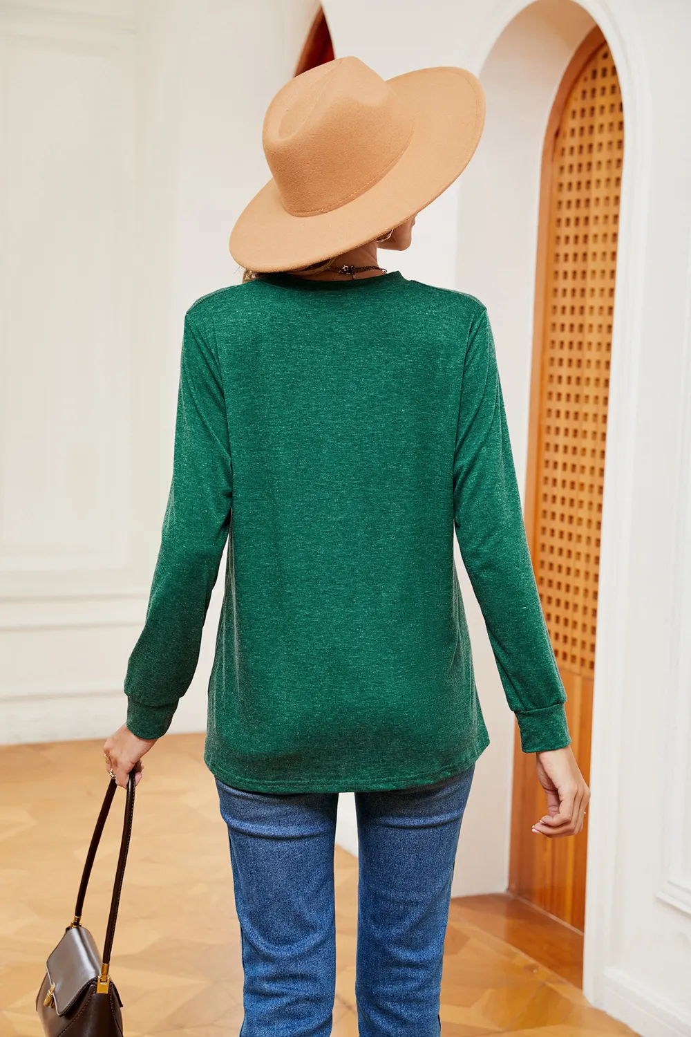 Buttoned Notched Neck Long Sleeve Top, image 24