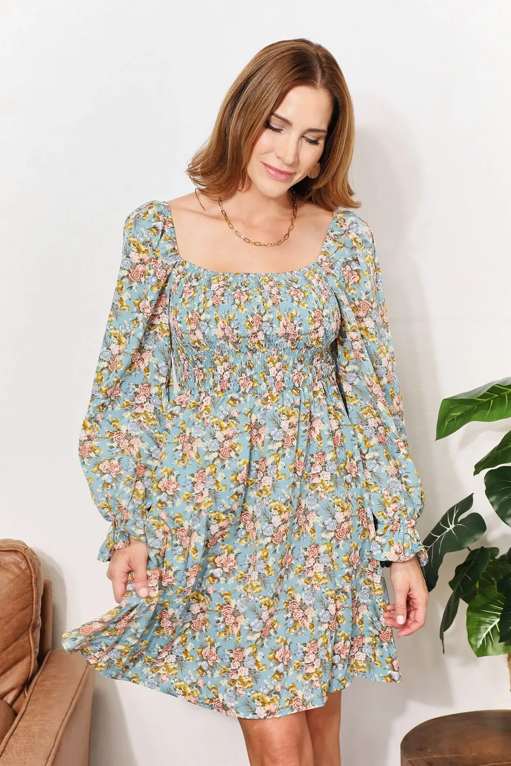 Floral Smocked Flounce Sleeve Square Neck Dress, image 11