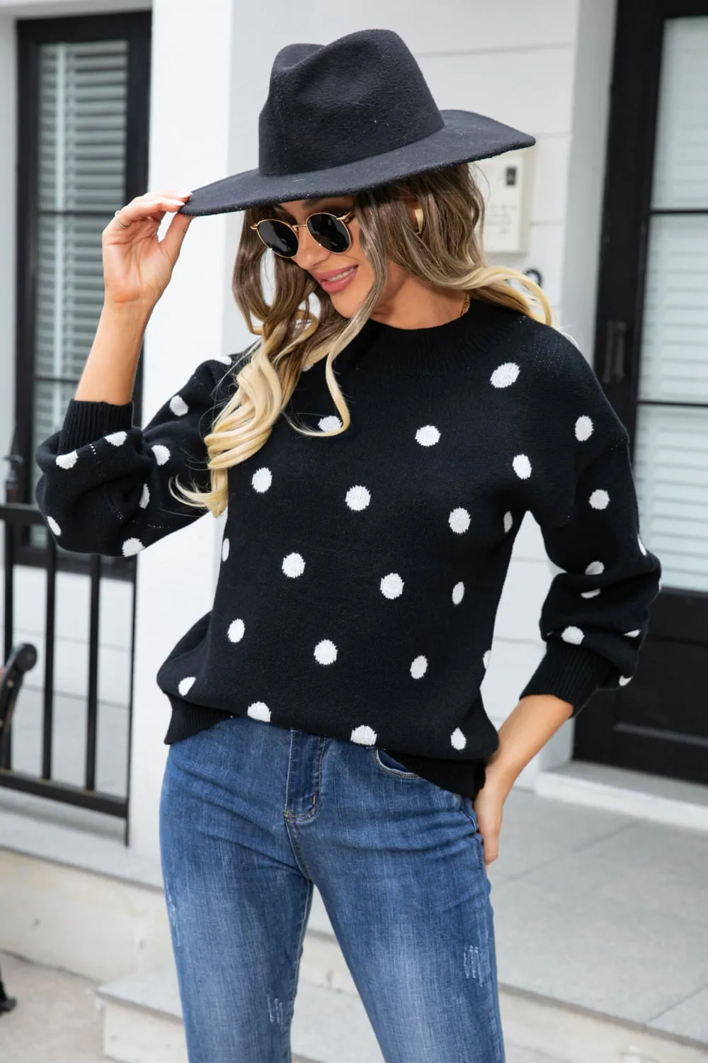Polka Dot Round Neck Dropped Shoulder Sweater, image 8