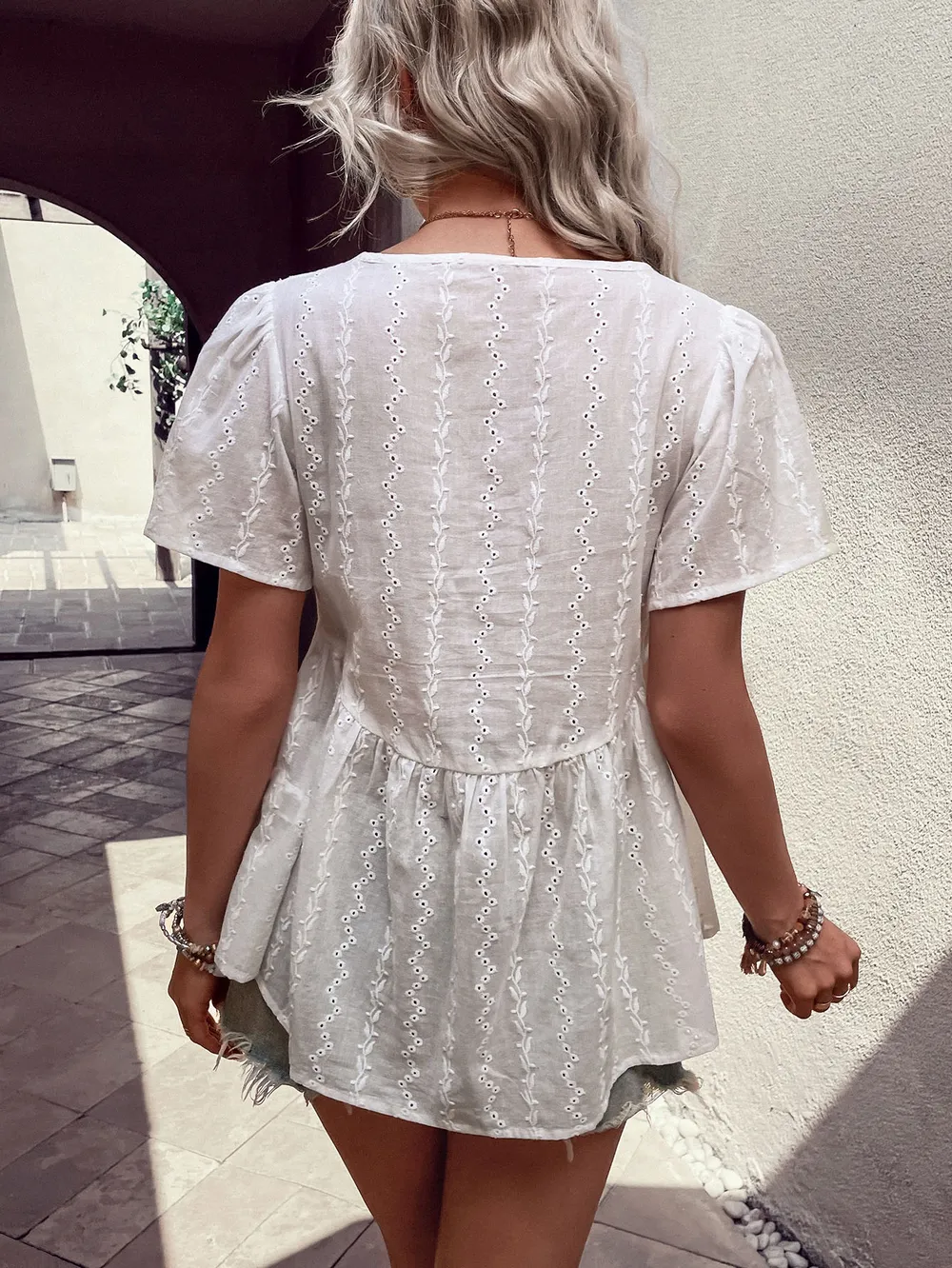 Tied Decorative Buttons Short Puff Sleeve Blouse, image 2