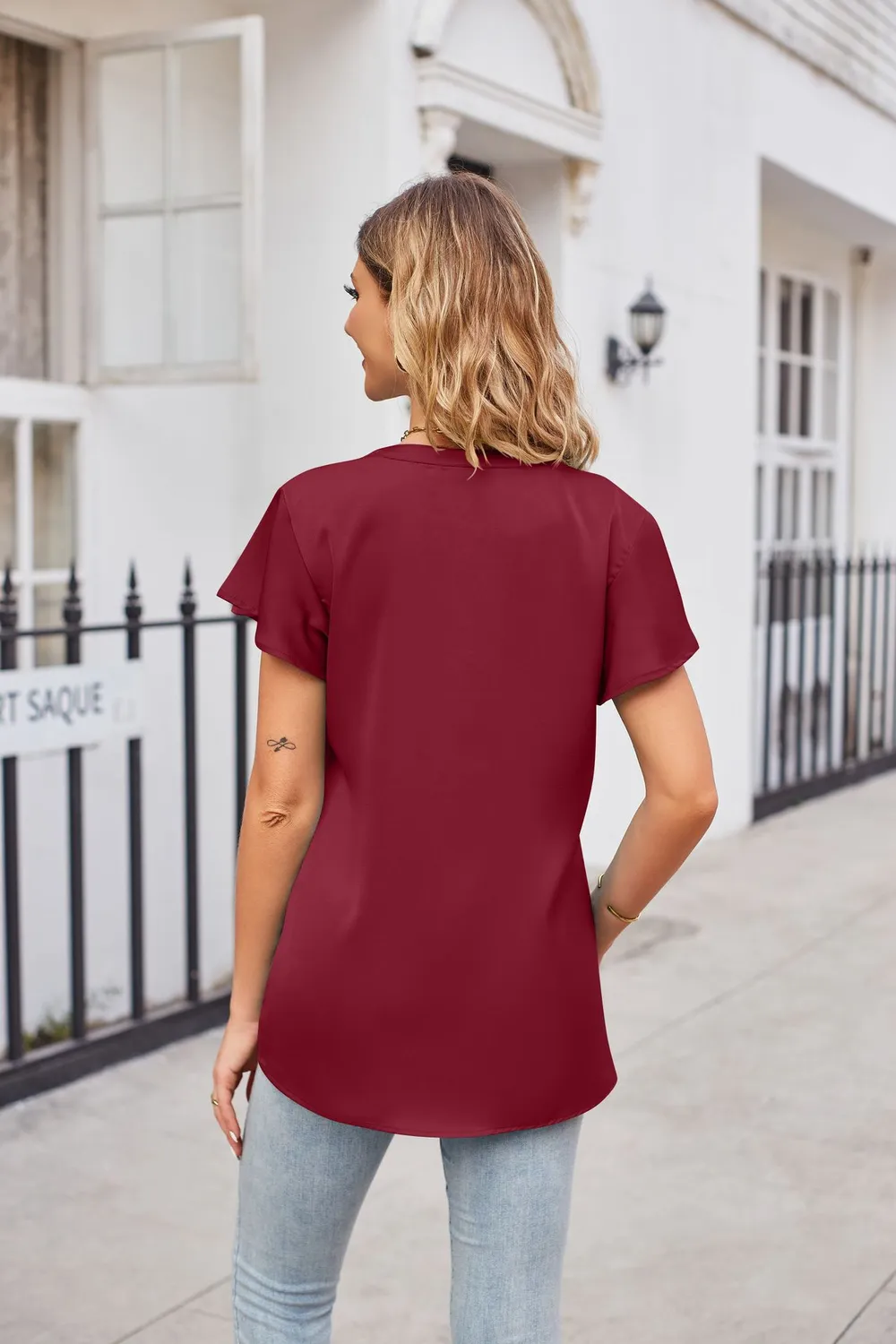 Notched Neck Flutter Sleeve Satin Top, image 18