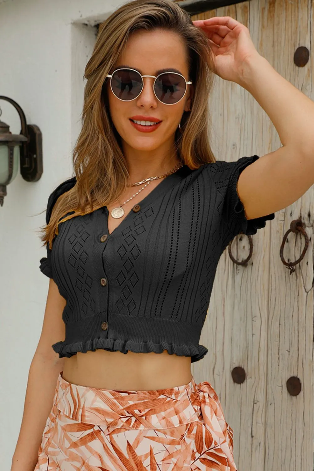 Buttoned Frill Hem Cropped Knit Top, image 19