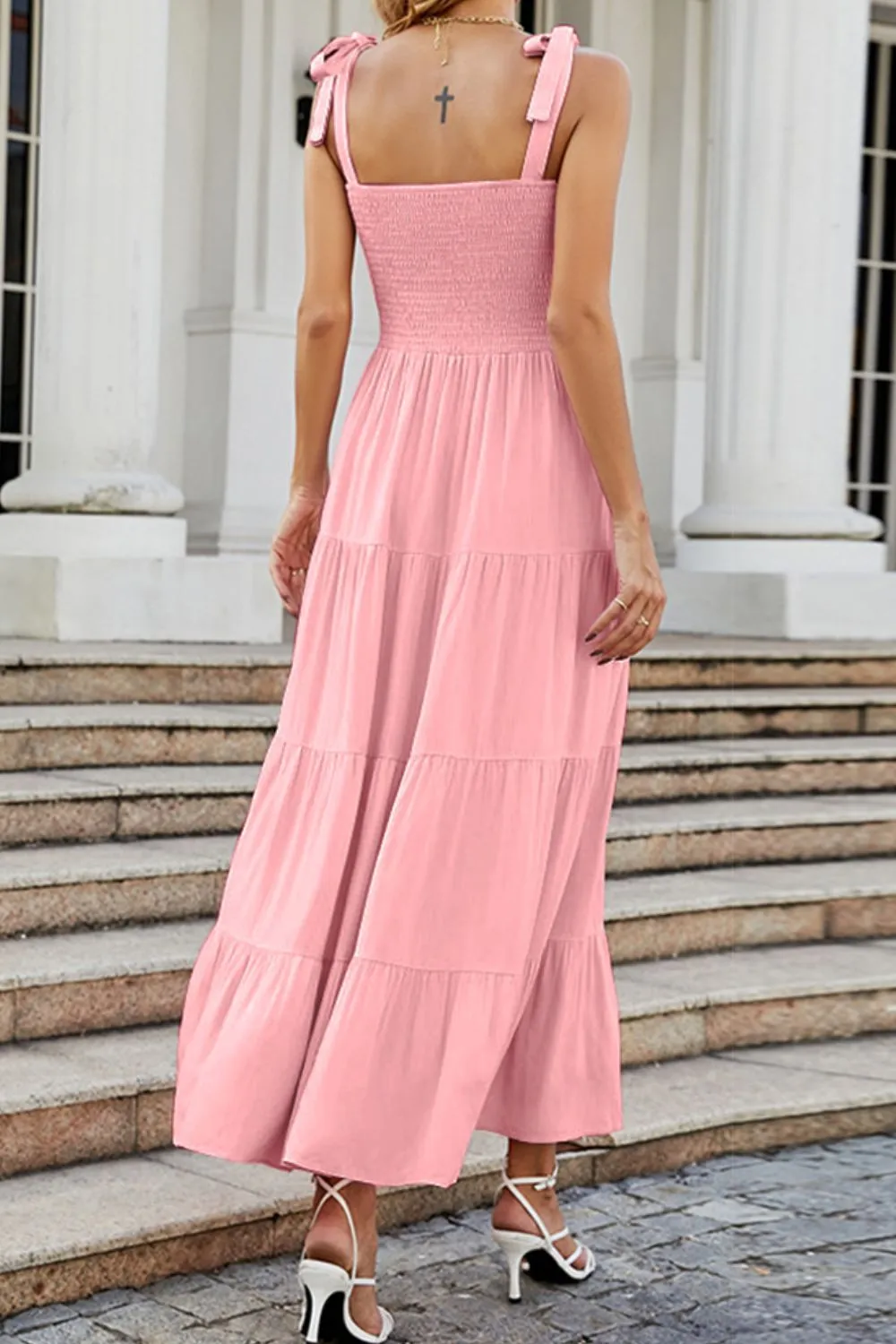 Tie-Shoulder Smocked Tiered Dress, image 11