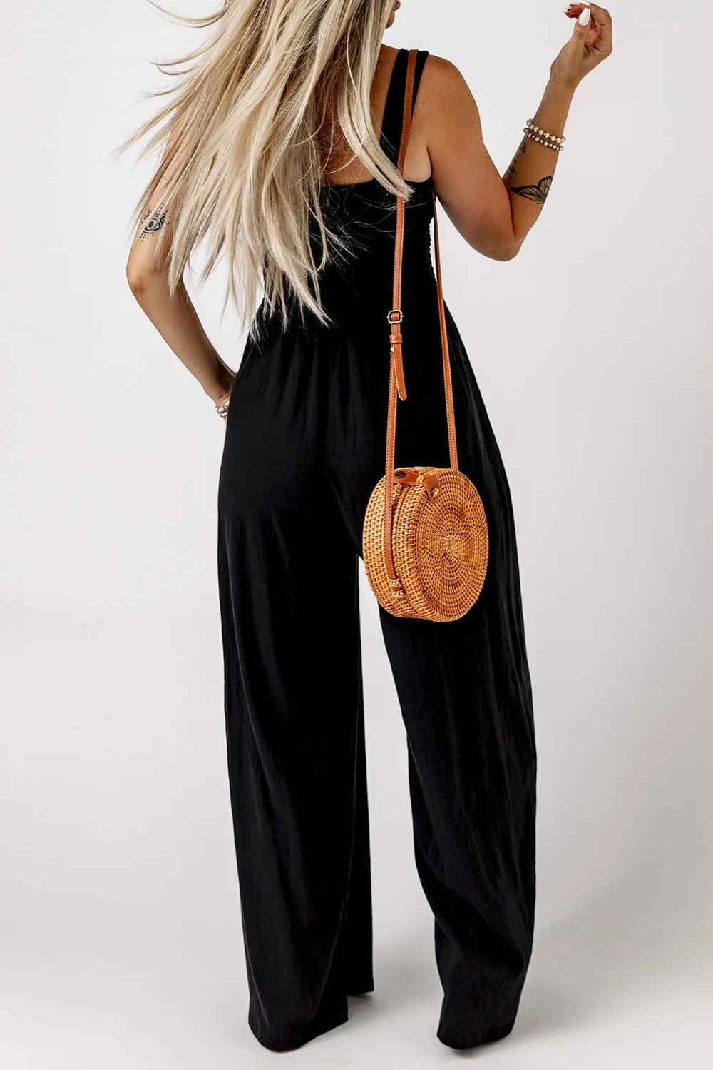 Smocked Square Neck Wide Leg Jumpsuit with Pockets, image 15