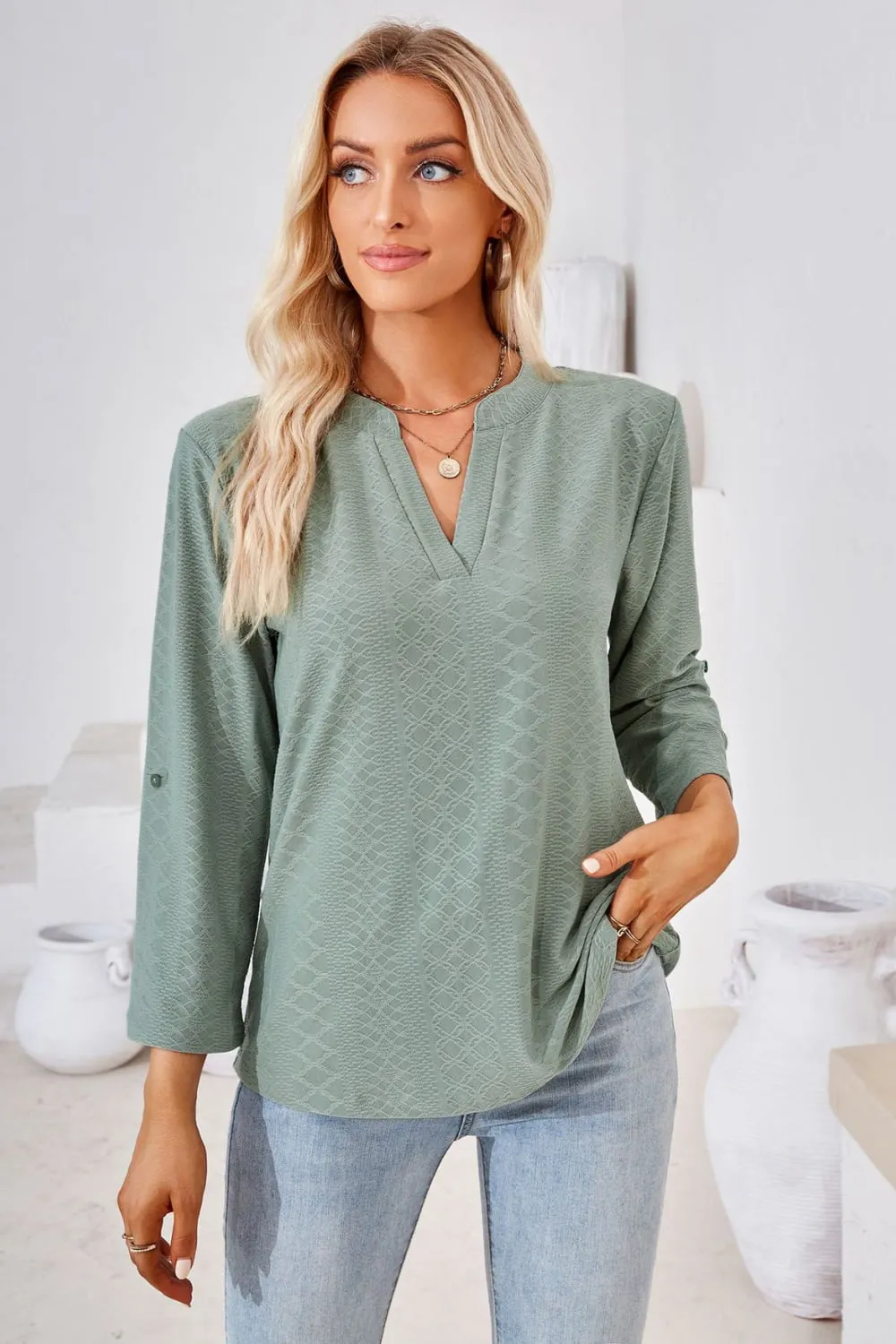 V-Neck Roll-Tap Sleeve Blouse, image 13