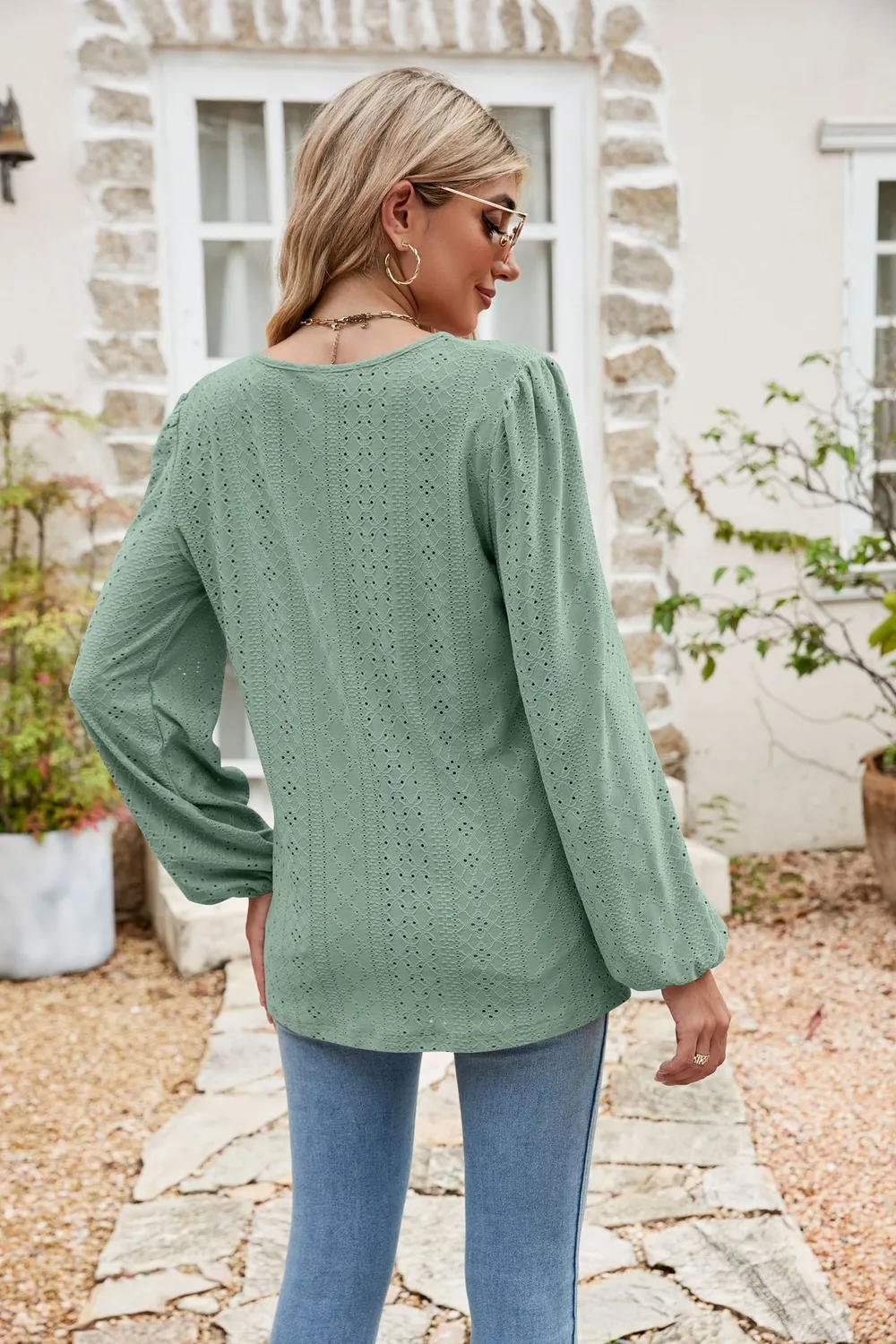 Eyelet Notched Neck Balloon Sleeve Blouse, image 3