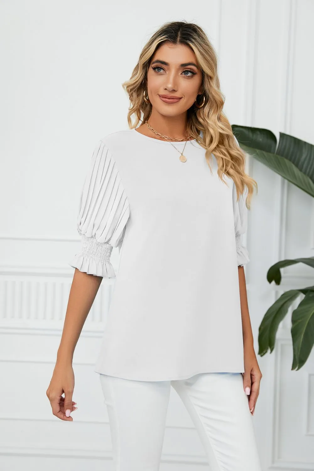 Pleated Flounce Sleeve Keyhole Blouse, image 4