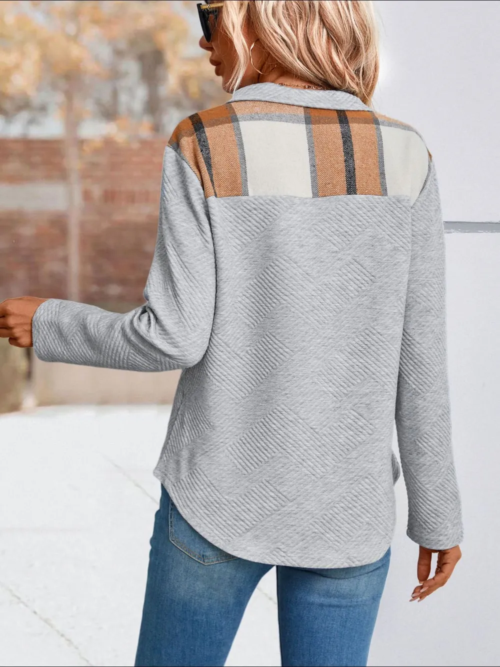 Spliced Plaid Quarter-Snap Mock Neck Top, image 8