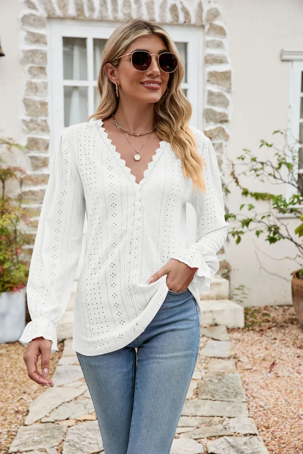 Eyelet Lace Trim Flounce Sleeve Blouse, image 21