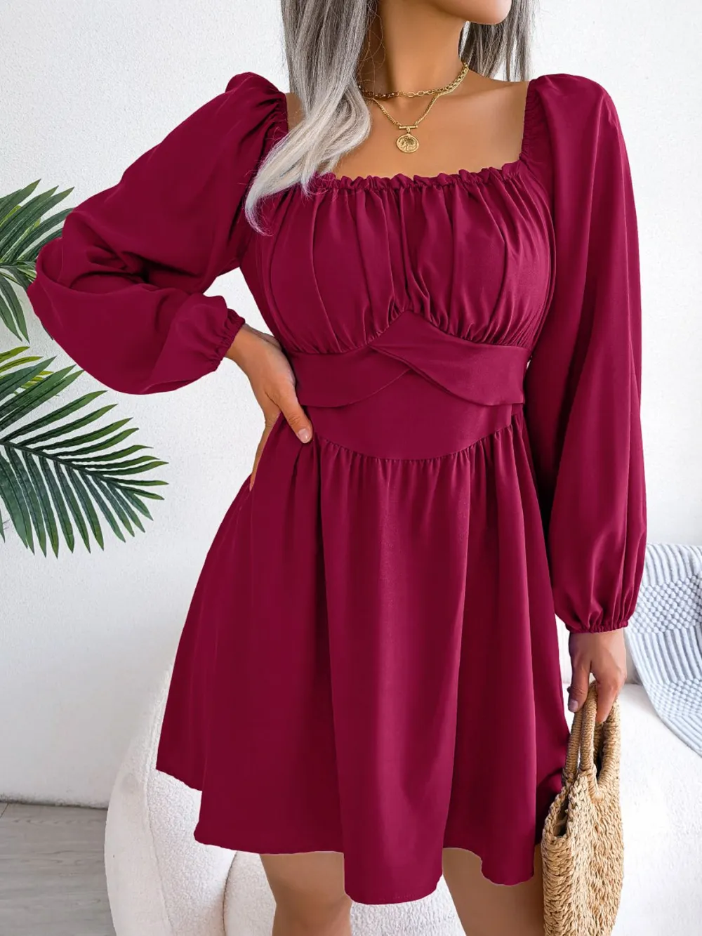 Tied Square Neck Balloon Sleeve Dress, image 5