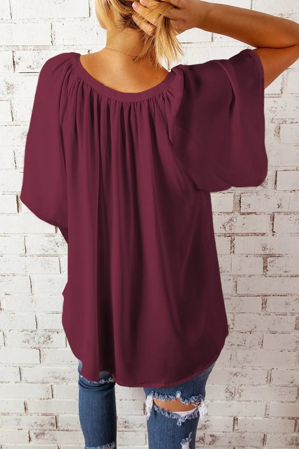 Gathered Detail Notched Neck Flutter Sleeve Top, image 27