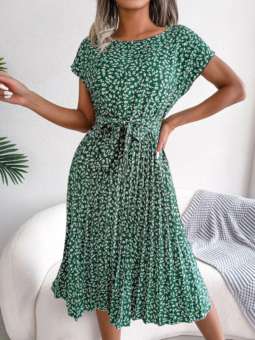 Ditsy Floral Pleated Belted Dress, image 14