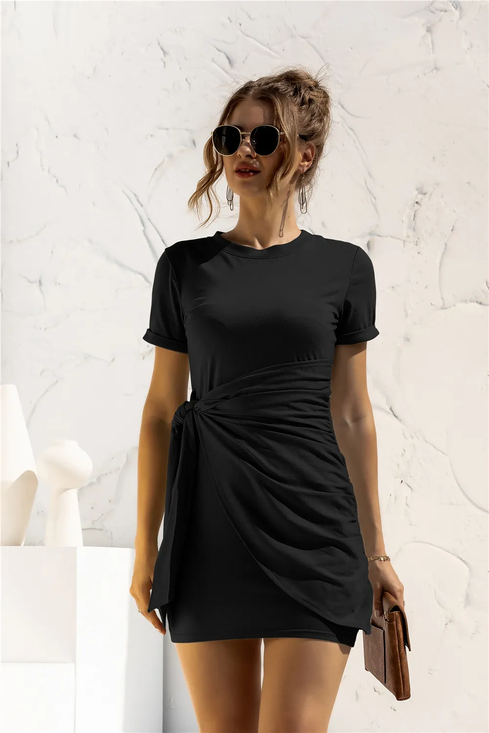 Round Neck Cuffed Sleeve Side Tie Dress, image 15