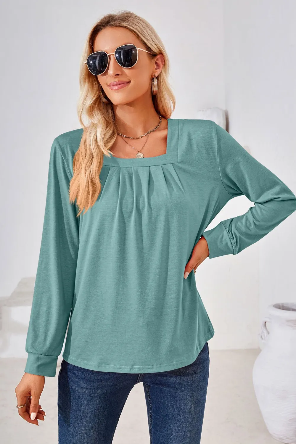 Square Neck Ruched Long Sleeve Blouse, image 16