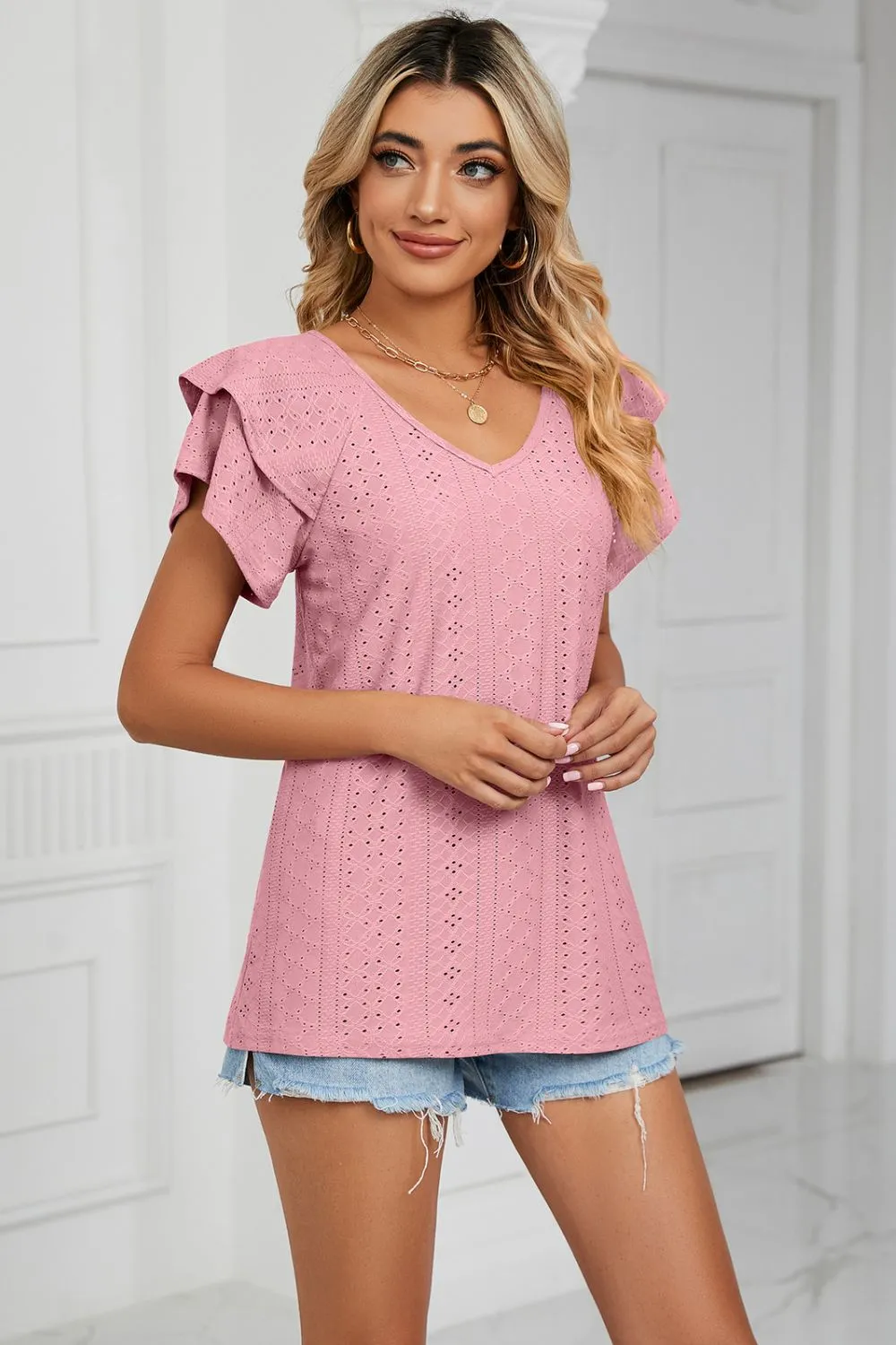 Eyelet Layered Flutter Sleeve V-Neck Knit Top, image 17
