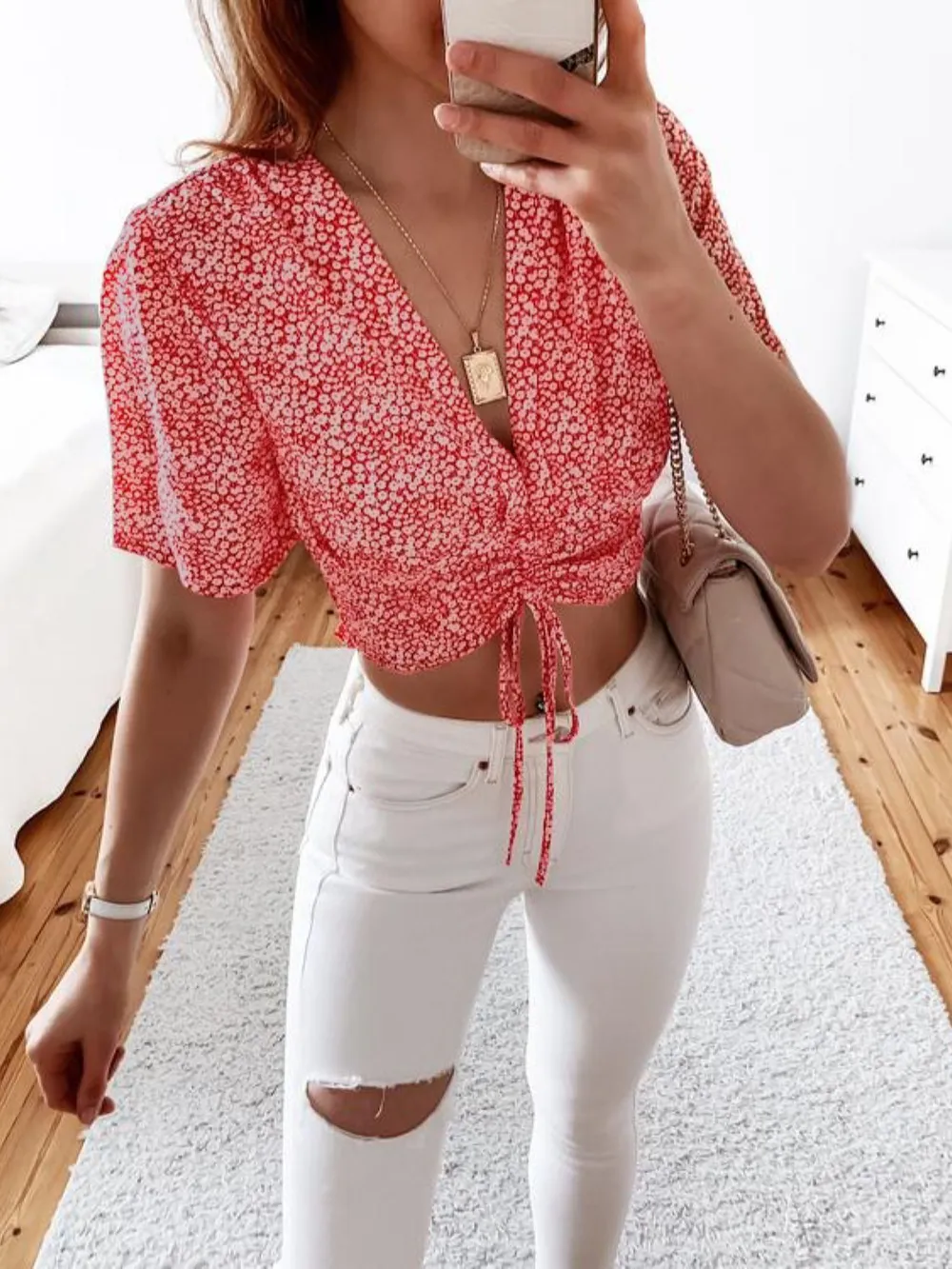 Floral Drawstring Deep V Cropped Blouse, image 6