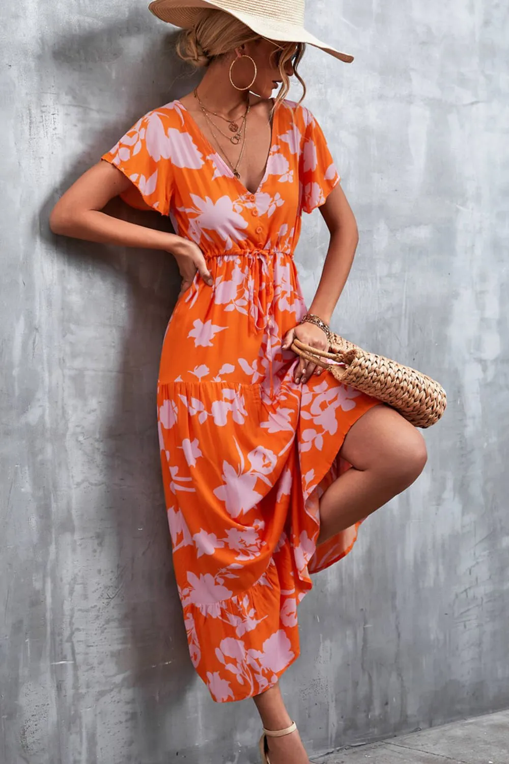 Floral Buttoned Drawstring Waist Tiered Dress, image 16