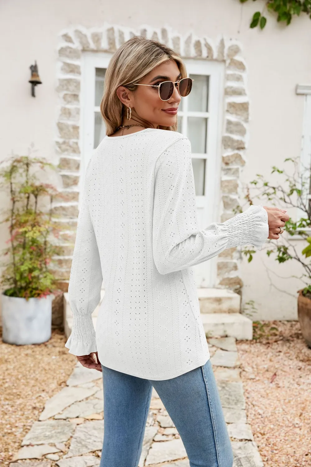 Eyelet V-Neck Smocked Flounce Sleeve Blouse, image 24