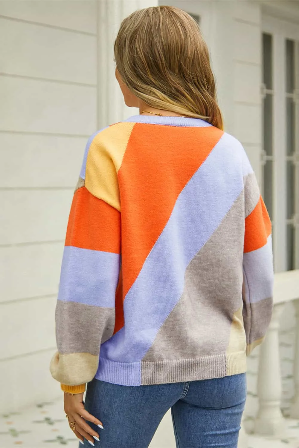 Color Block Round Neck Long Sleeve Sweater, image 6