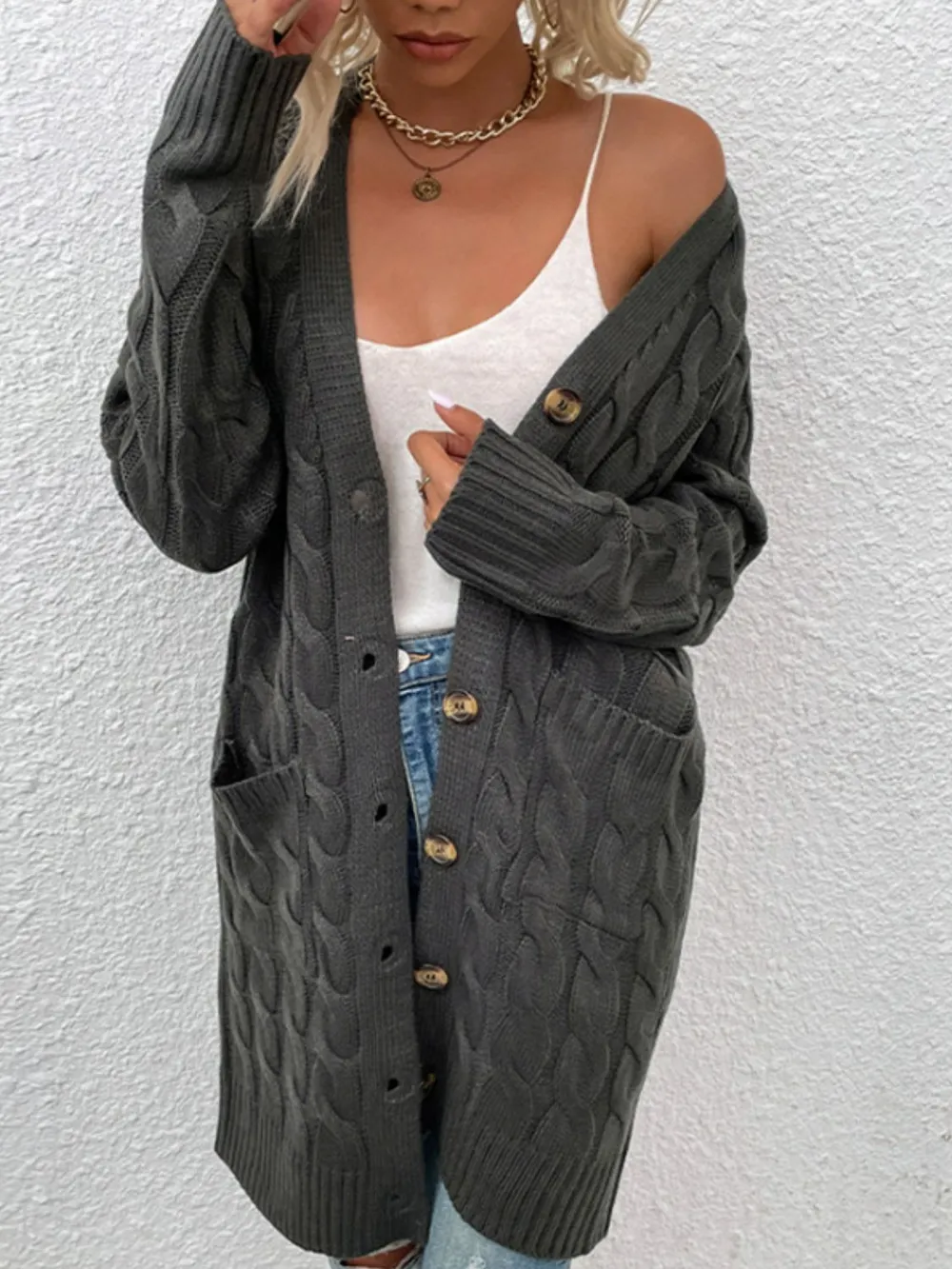 Cable-Knit Button Down Cardigan with Pockets, image 12