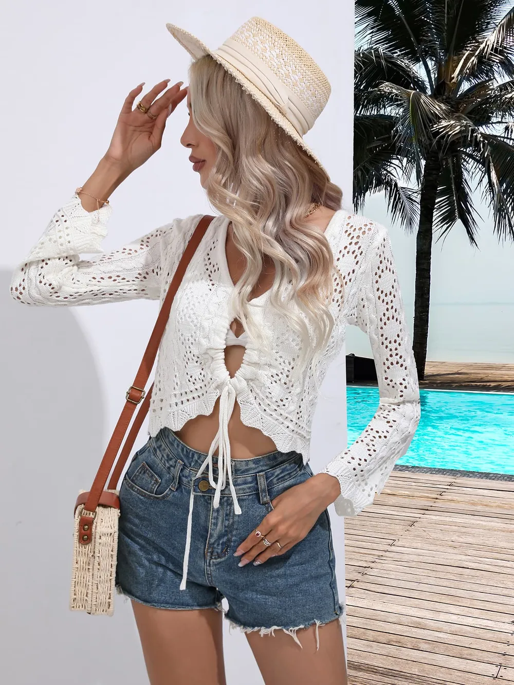 Drawstring V-Neck Long Sleeve Cover Up, image 4