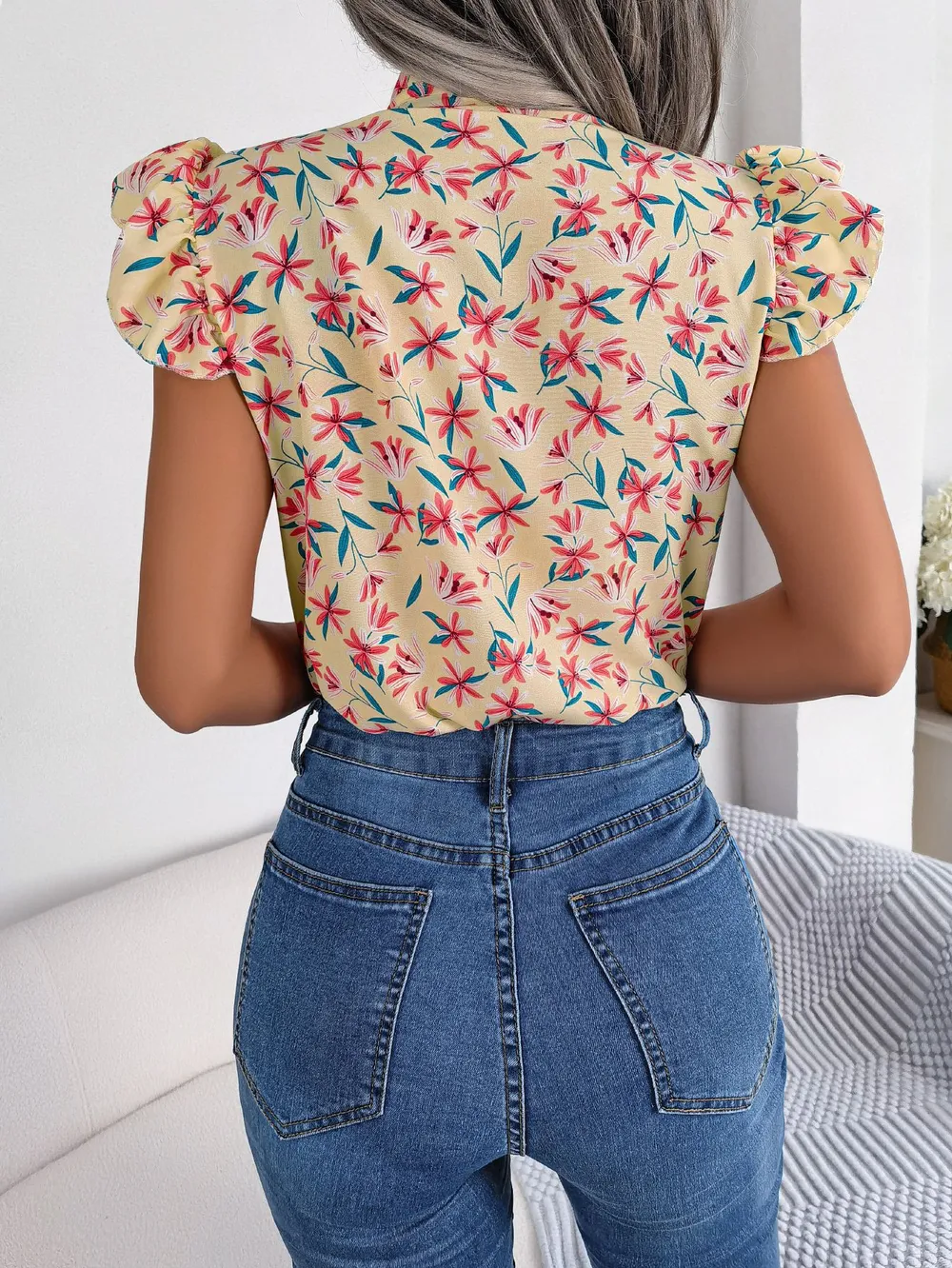 Floral Tie Neck Flutter Sleeve Blouse, image 9
