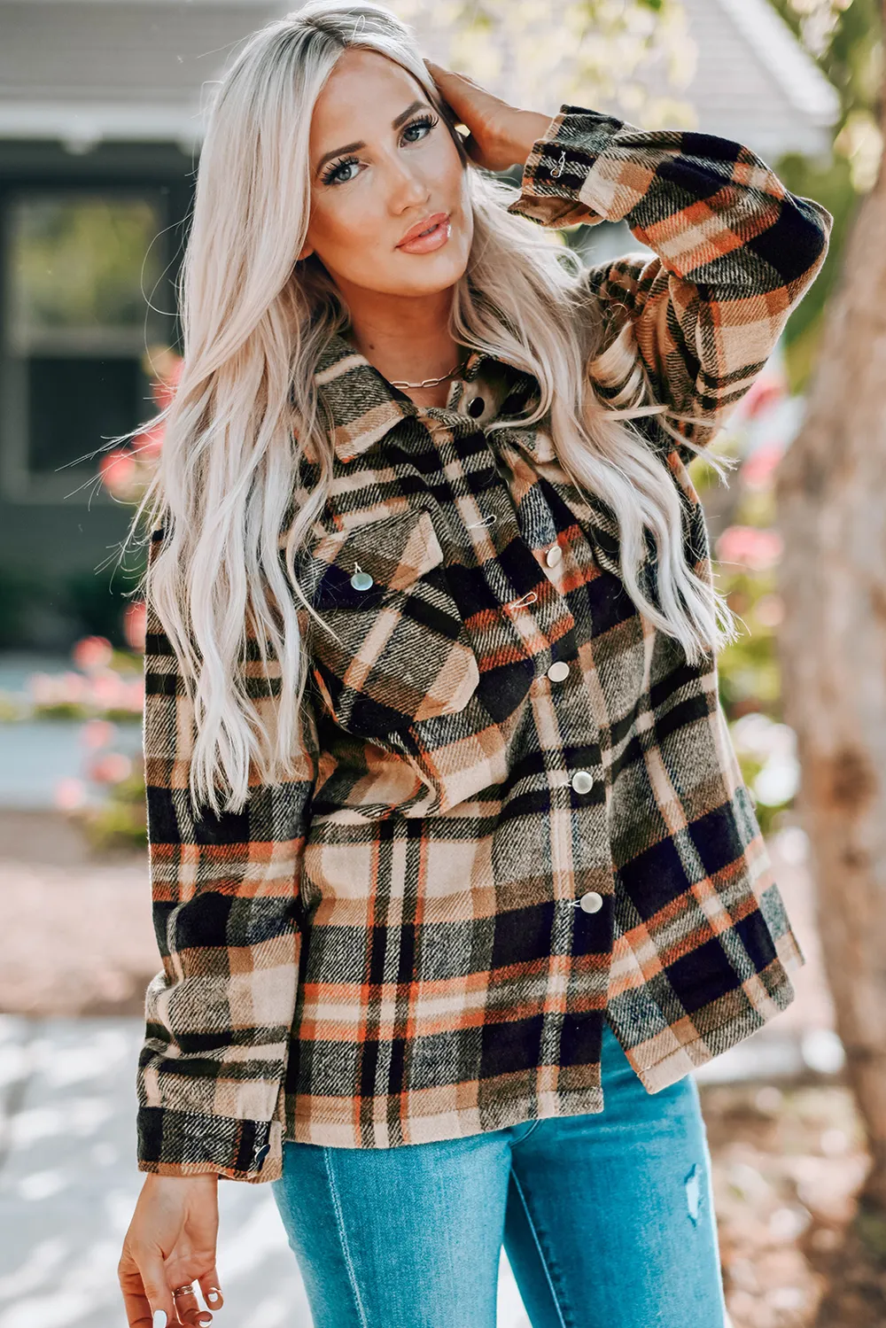 Plaid Button Front Shirt Jacket with Breast Pockets, image 21