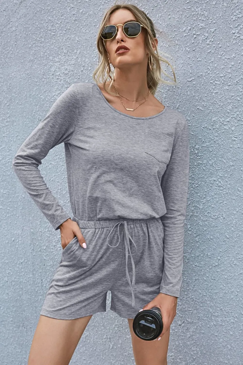 Drawstring Waist Long Sleeve Romper, image 8