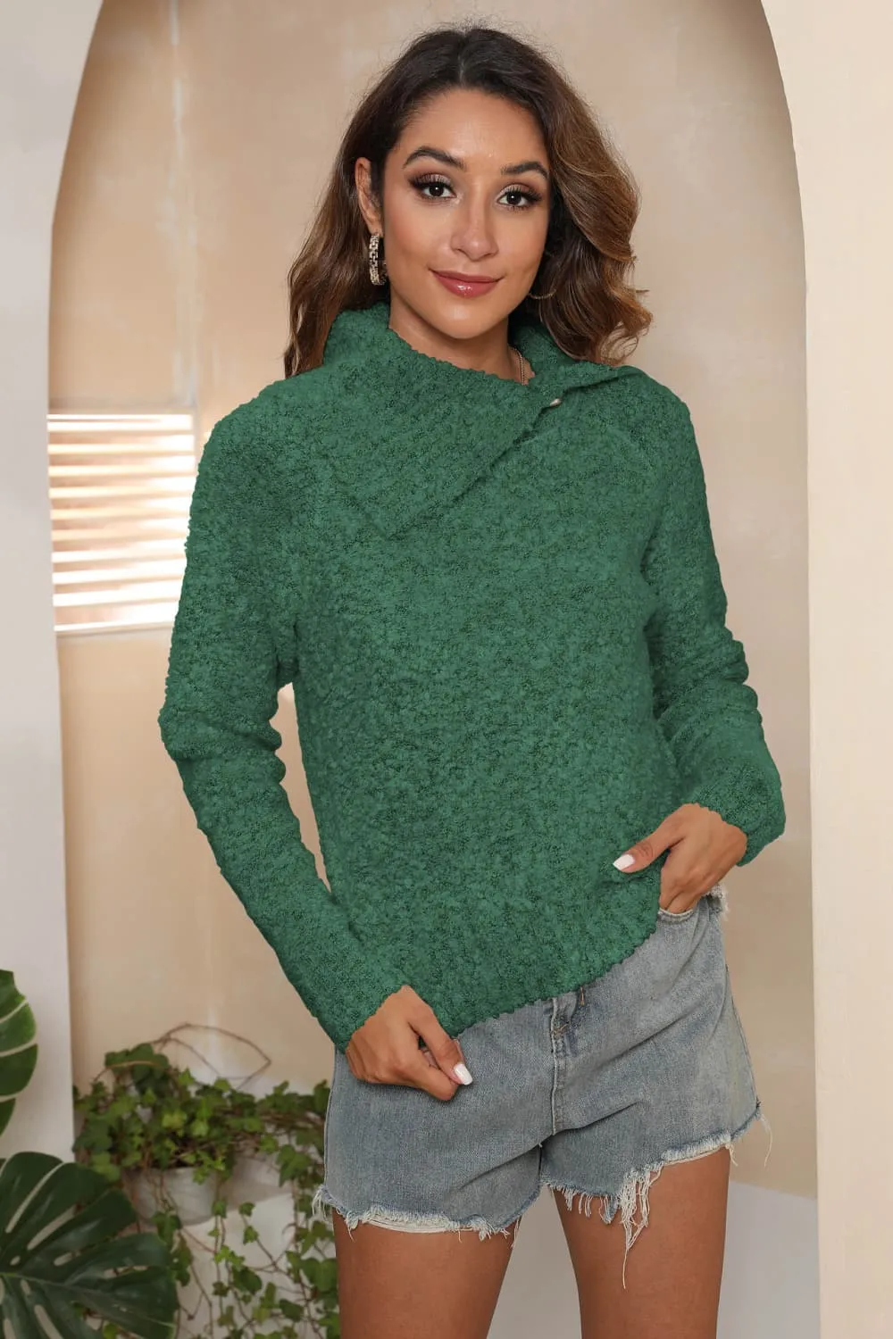 Asymmetrical Neck Long Sleeve Pullover Sweater, image 8