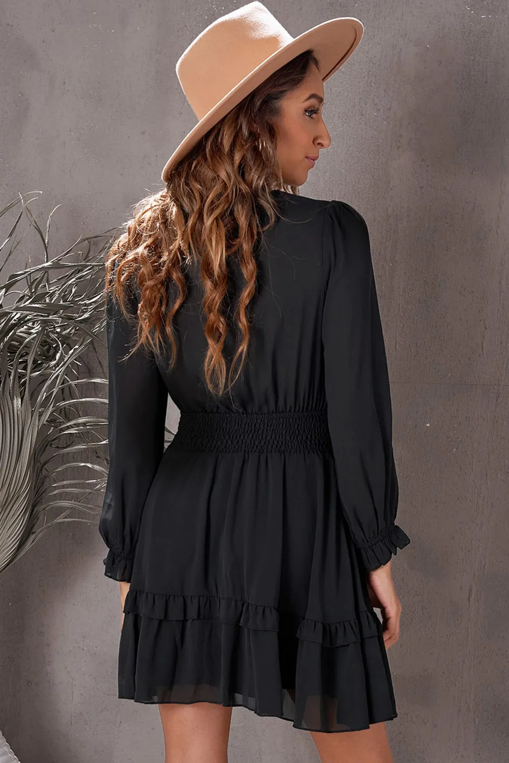 Tied Plunge Smocked Waist Flounce Sleeve Dress, image 15