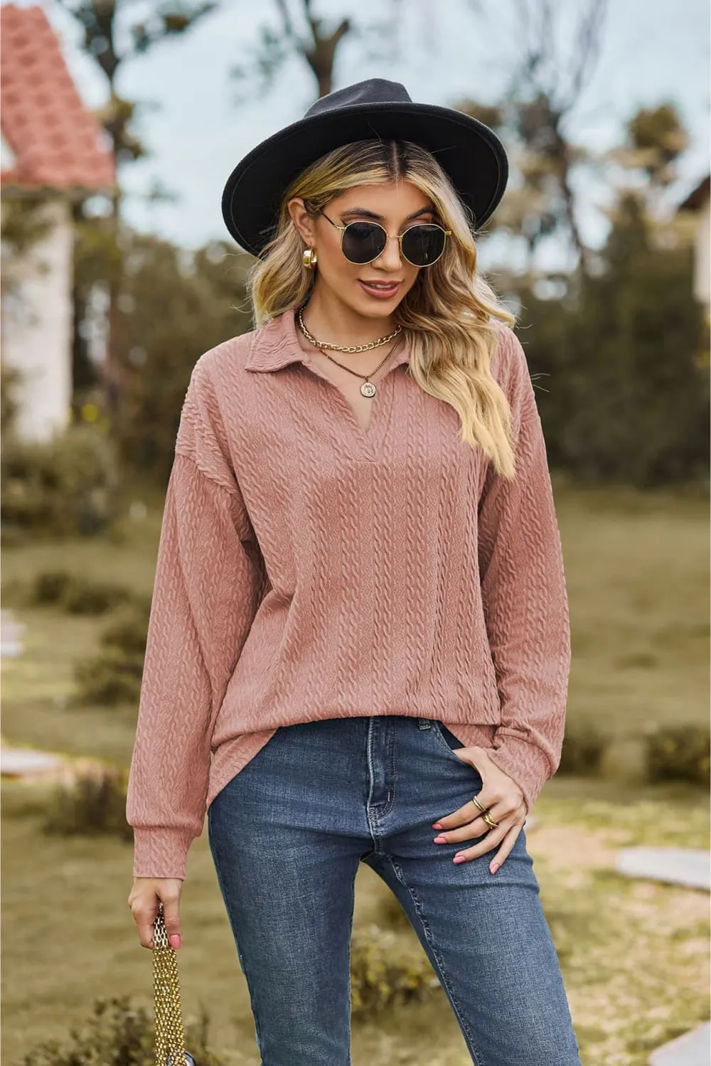Collared Neck Cable-Knit Long Sleeve Blouse, image 8