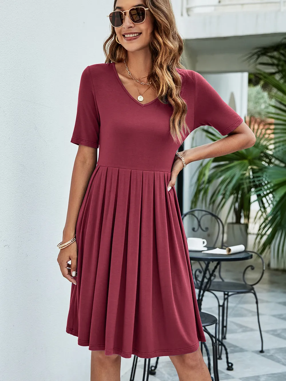Pleated V-Neck Short Sleeve Tee Dress, image 17