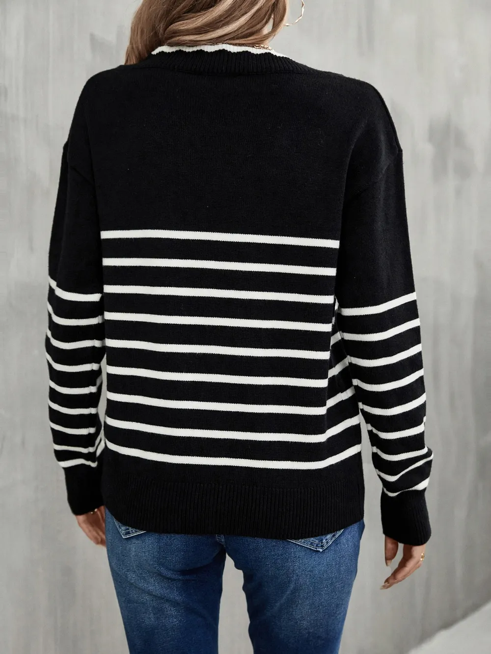 Striped V-Neck Drop Shoulder Sweater, image 7