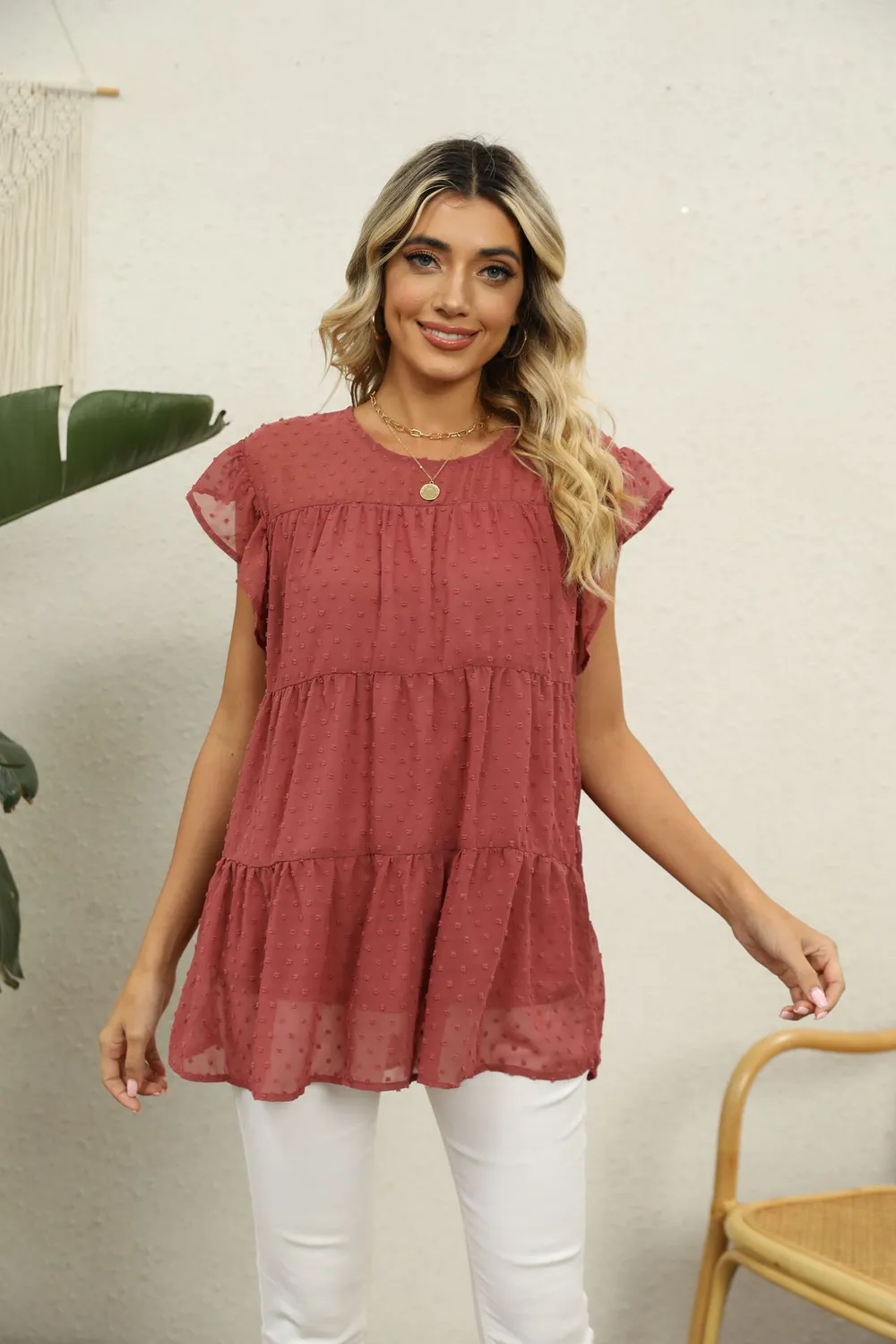 Swiss Dot Round Neck Tiered Blouse, image 5