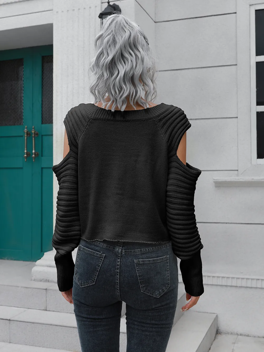 Cold-Shoulder Ribbed Trim Sweater, image 3